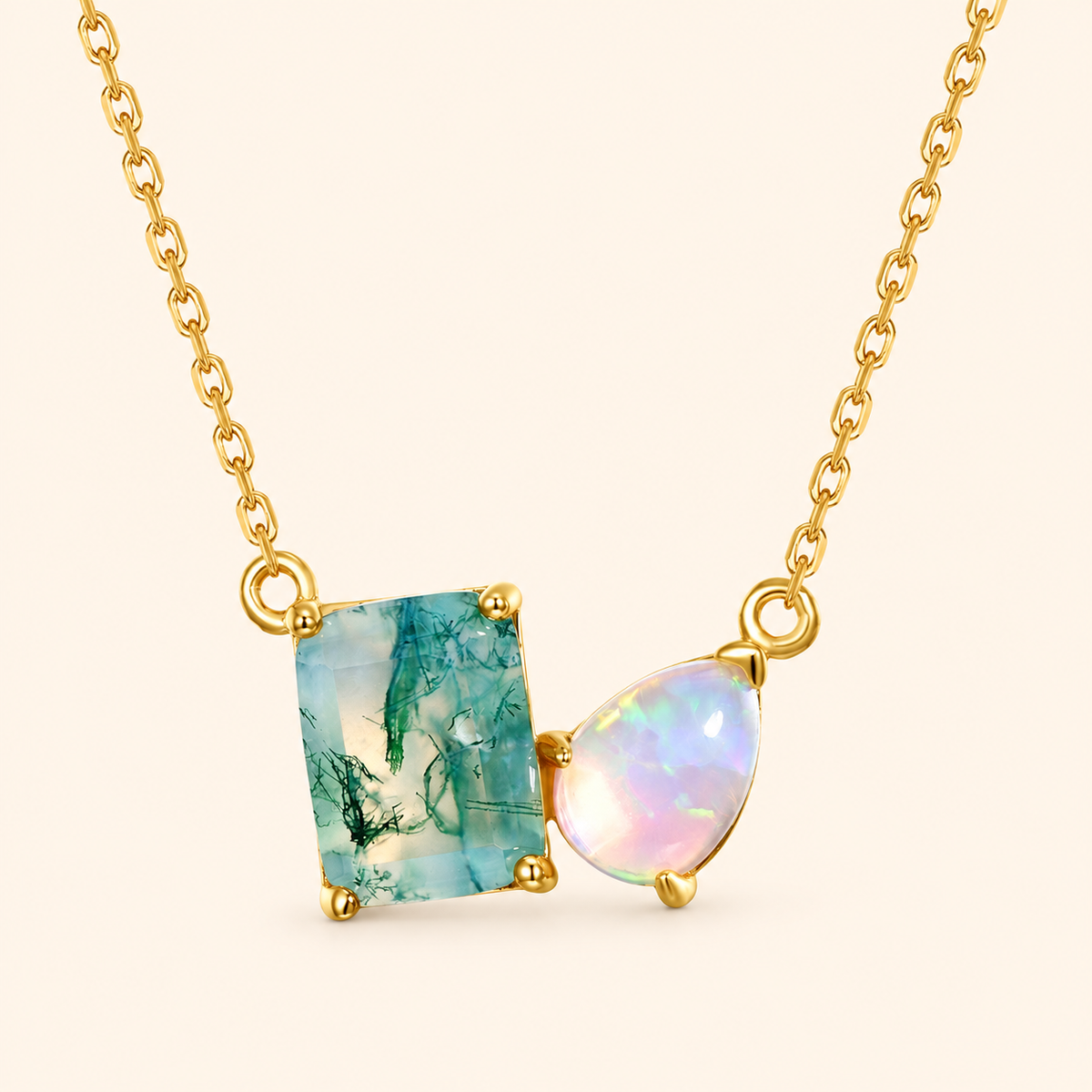 10K Gold-Plated 925 Sterling Silver Moss Agate Necklace with Iridescent Teardrop Accent