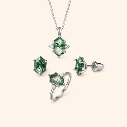 925 Sterling Silver Natural Moss Agate Jewelry Set with Hexagon Pendant, Ring and Stud Earrings