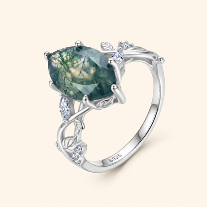 925 Sterling Silver Natural Moss Agate Ring with Intertwined Vine and Leaf Details