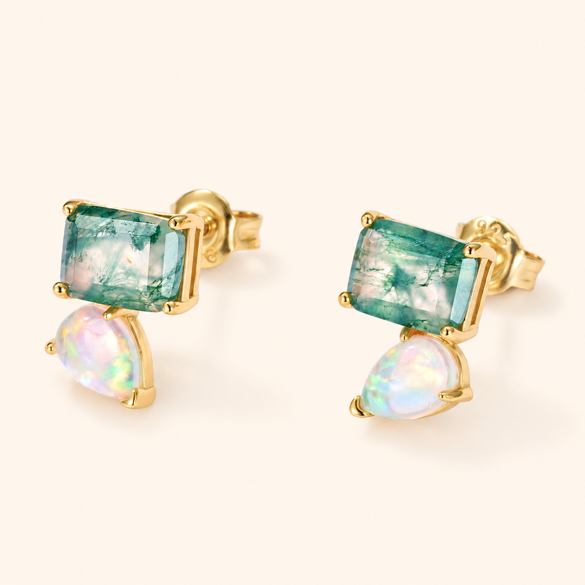 10K Gold-Plated 925 Sterling Silver Moss Agate Stud Earrings with Iridescent Teardrop Accents