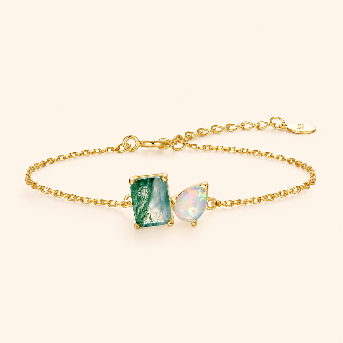 10K Gold-Plated 925 Sterling Silver Moss Agate Bracelet with Iridescent Teardrop Accent