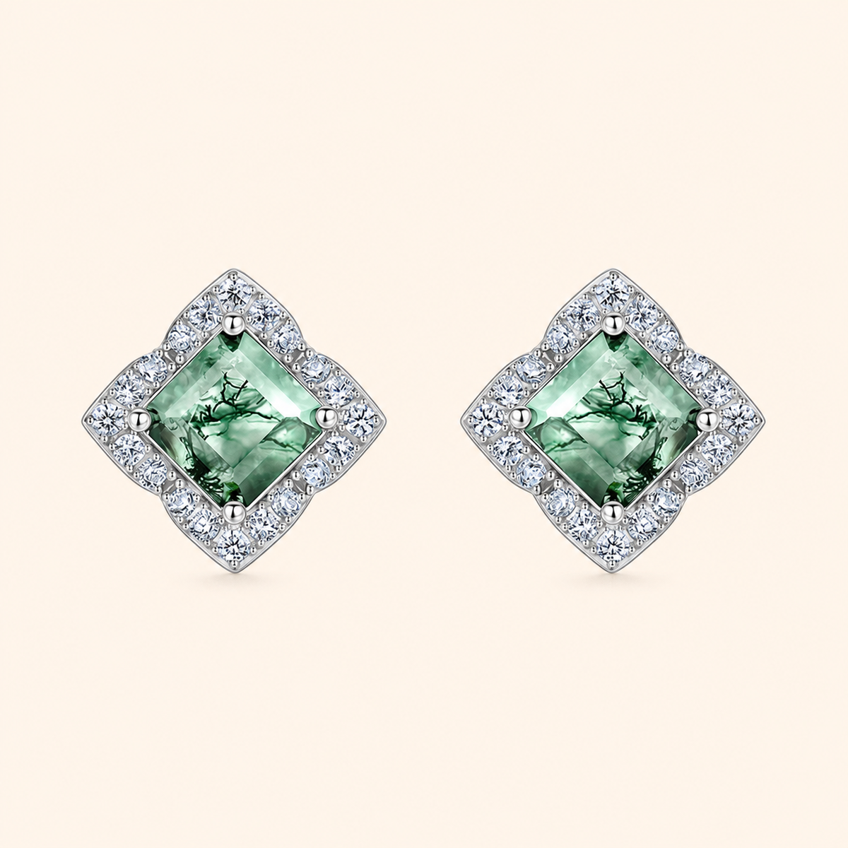 925 Sterling Silver Square Moss Agate Stud Earrings with Sparkling Halo