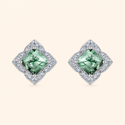 925 Sterling Silver Square Moss Agate Stud Earrings with Sparkling Halo