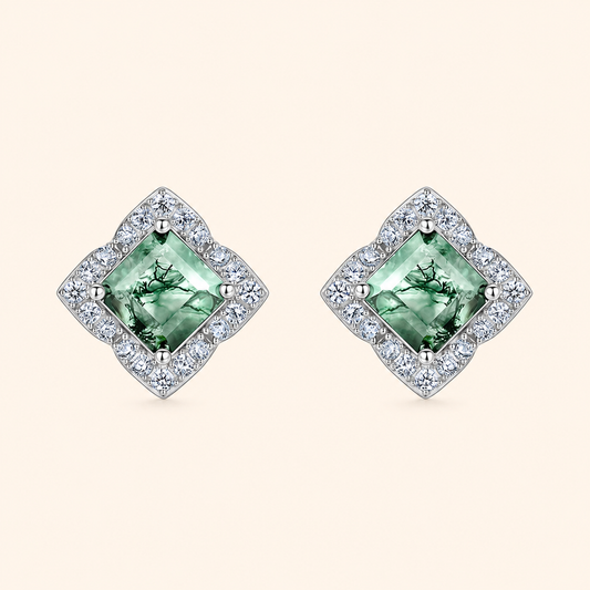 925 Sterling Silver Square Moss Agate Stud Earrings with Sparkling Halo