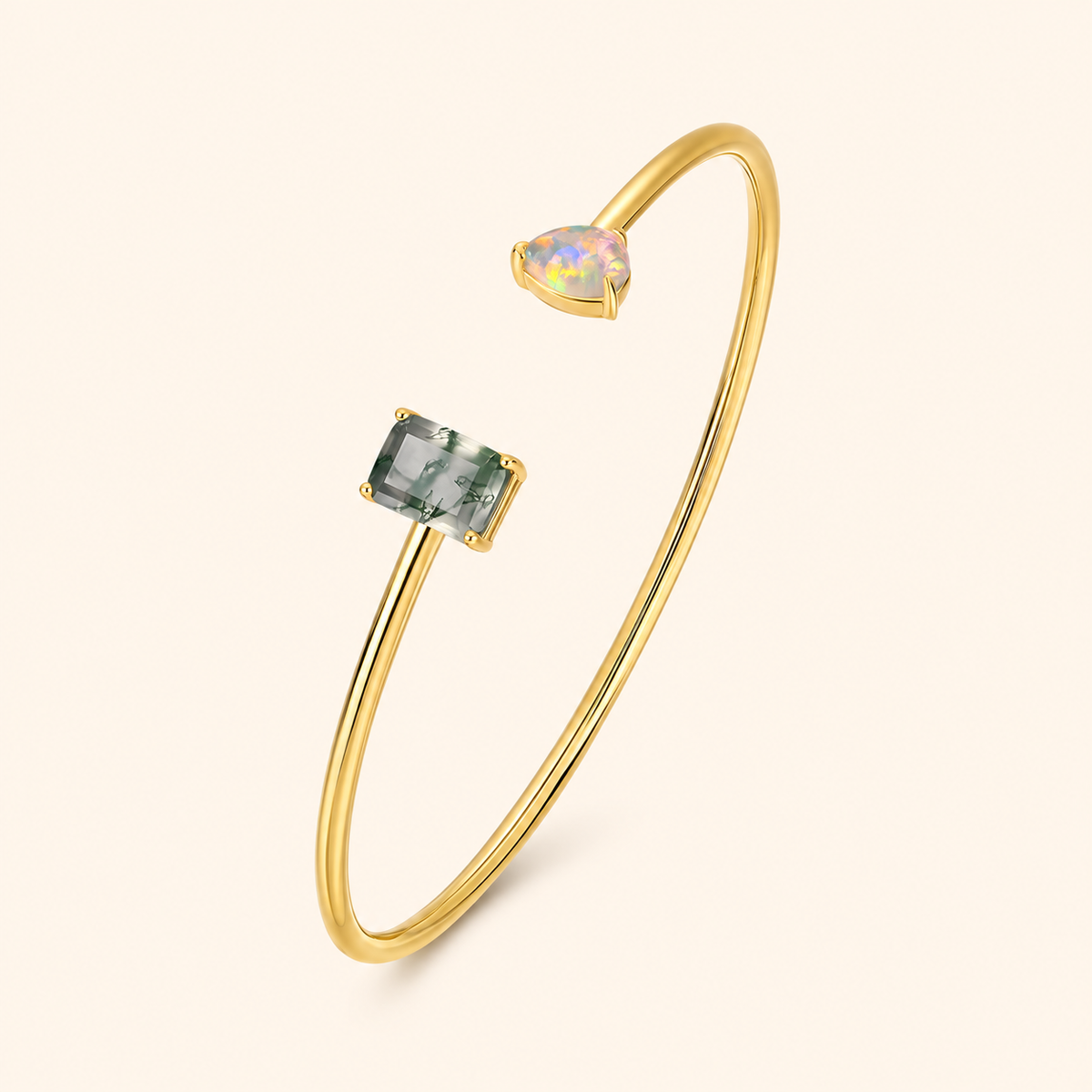 10K Gold-Plated 925 Sterling Silver Moss Agate Open Cuff Bangle with Iridescent Teardrop Accent