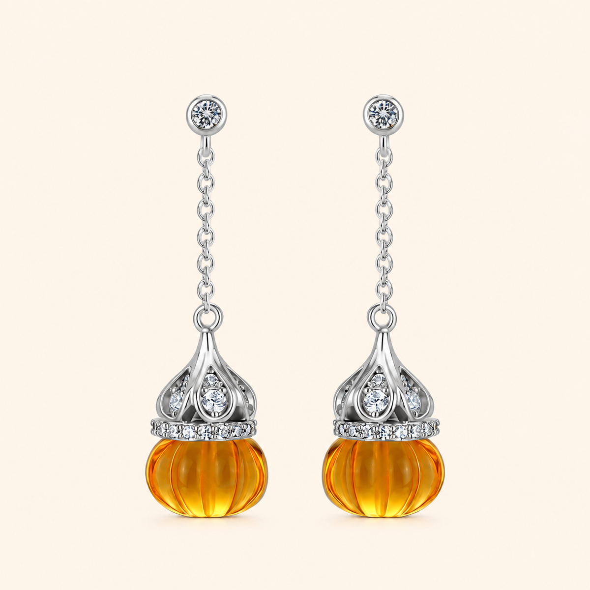 925 Sterling Silver Citrine Pumpkin Bead Drop Earrings with Sparkling Accents