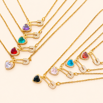 Women’s Dainty Safety Pin Necklace with Pink Heart and Sparkling Stone Detail