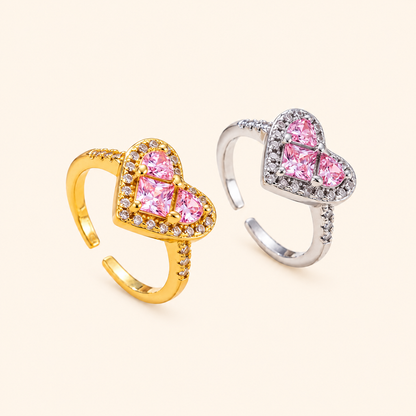 Women’s Elegant Adjustable Heart Ring with Pink Cubic Zirconia and Sparkling Halo