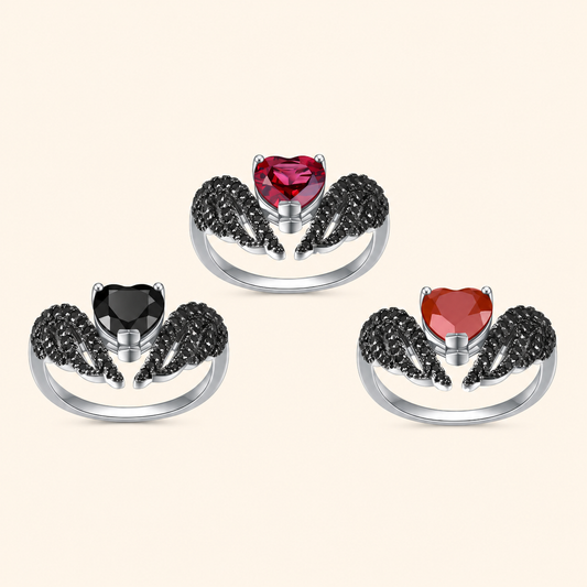 Women’s 925 Sterling Silver Heart Ring with Black Wings and Gemstone Center