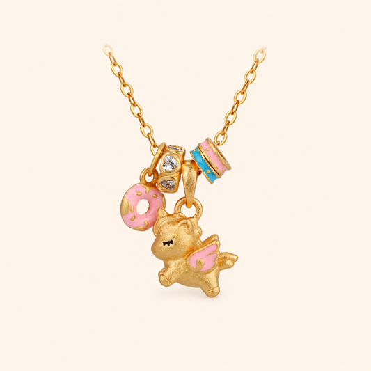 Women’s Gold-Plated Unicorn Charm Necklace with Pastel Enamel and Donut Detail