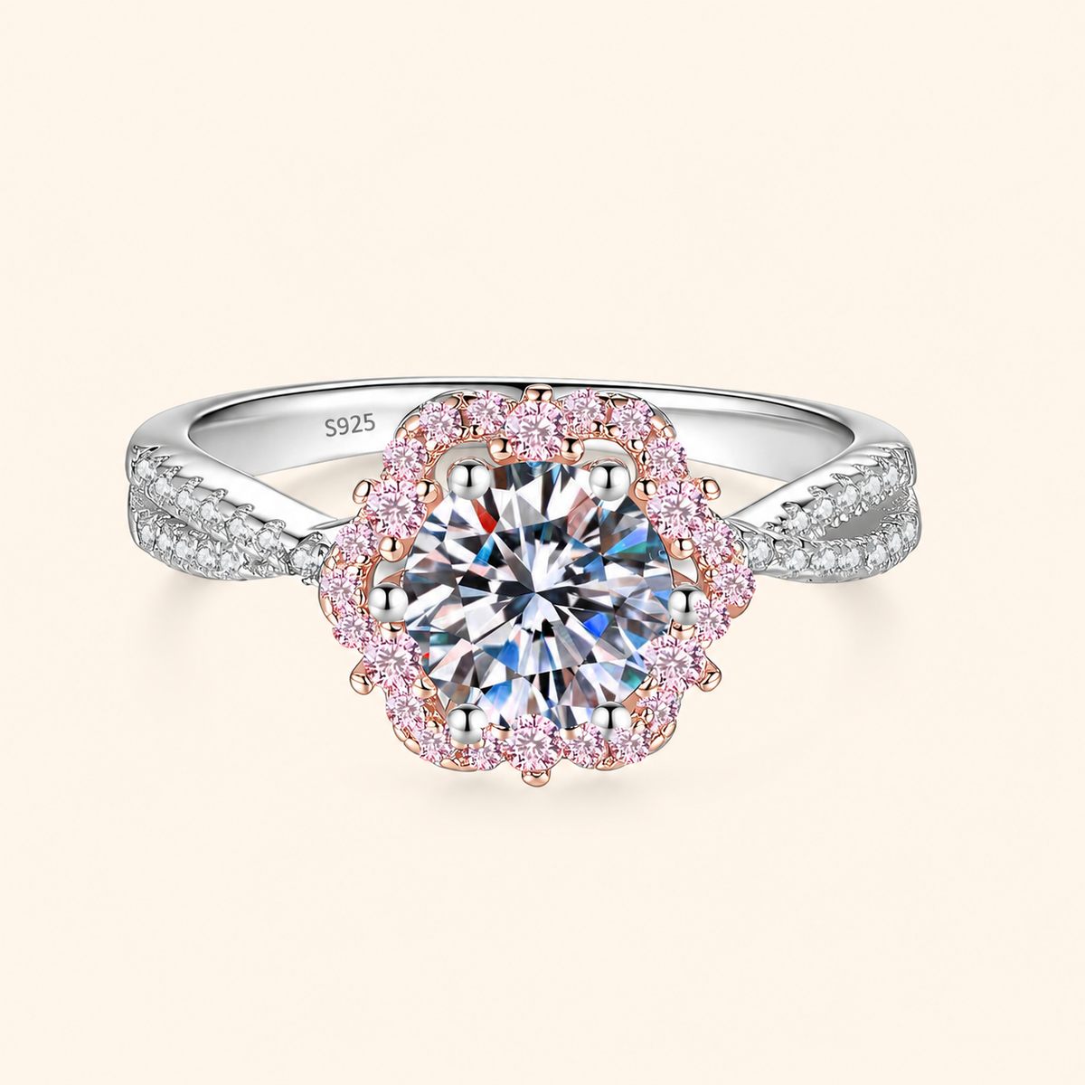 Women’s 925 Sterling Silver 1 Carat Moissanite Ring with Pink Floral Halo and Twisted Band