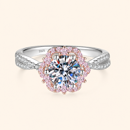 Women’s 925 Sterling Silver 1 Carat Moissanite Ring with Pink Floral Halo and Twisted Band