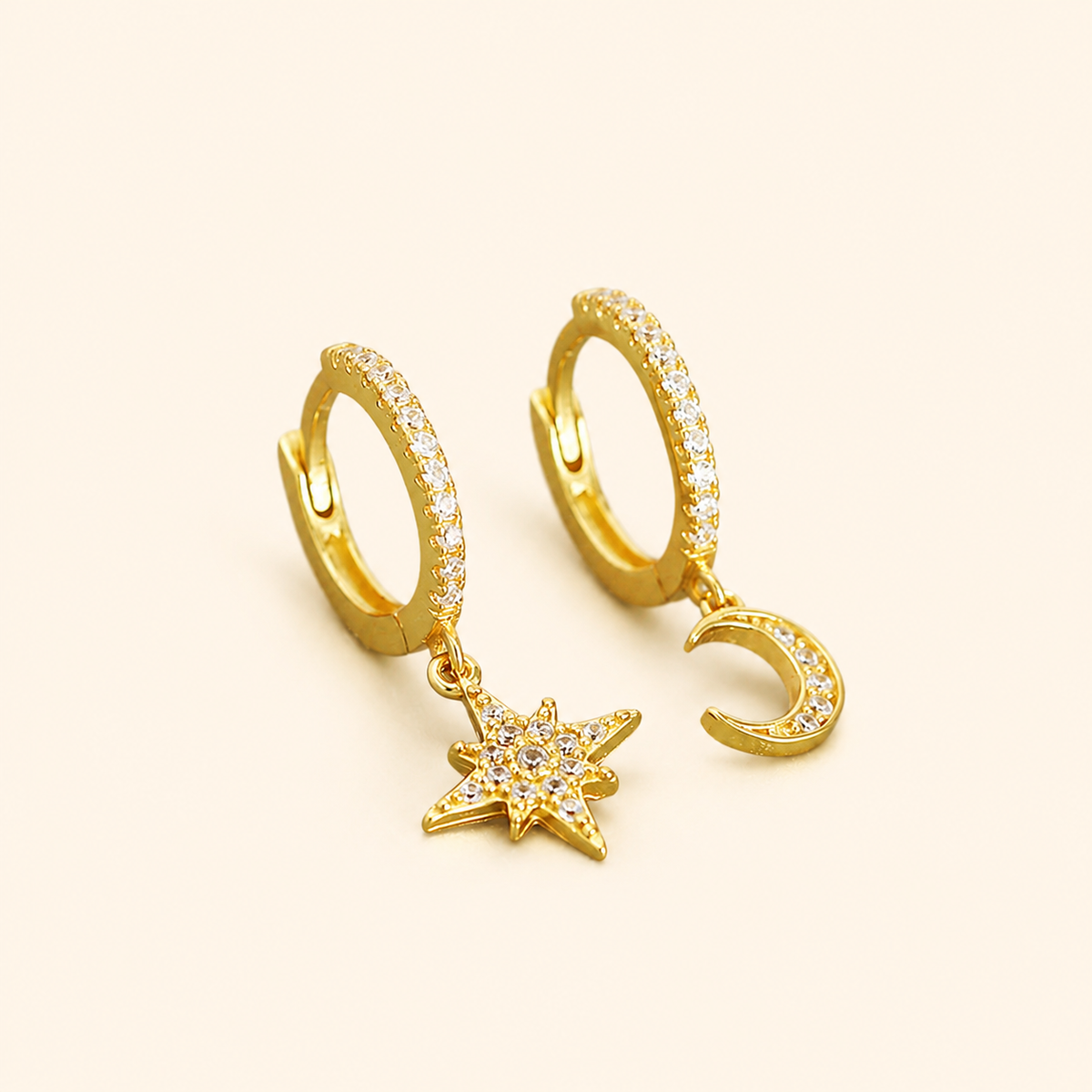 S925 Sterling Silver Asymmetric Star & Crescent Moon Pavé Huggie Earrings