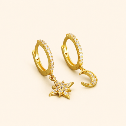 S925 Sterling Silver Asymmetric Star & Crescent Moon Pavé Huggie Earrings