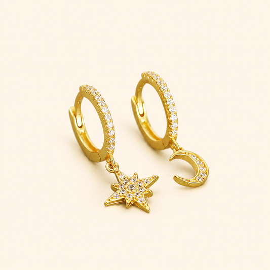 S925 Sterling Silver Asymmetric Star & Crescent Moon Pavé Huggie Earrings