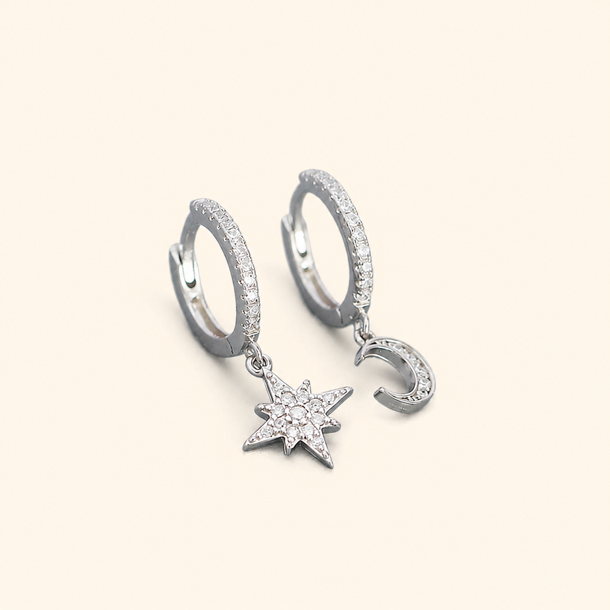 S925 Sterling Silver Asymmetric Star & Crescent Moon Pavé Huggie Earrings