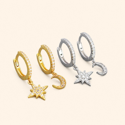 S925 Sterling Silver Asymmetric Star & Crescent Moon Pavé Huggie Earrings