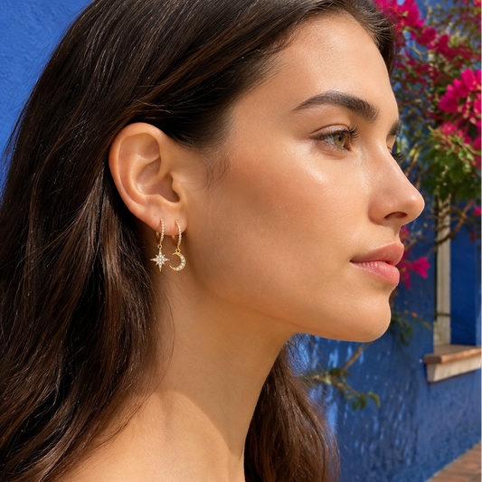 S925 Sterling Silver Asymmetric Star & Crescent Moon Pavé Huggie Earrings