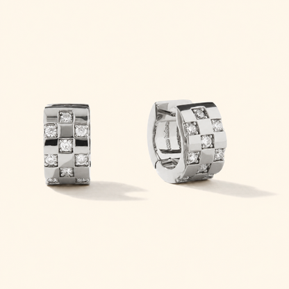 925 Sterling Silver Checkerboard Micro-Pavé Huggie Hoop Earrings
