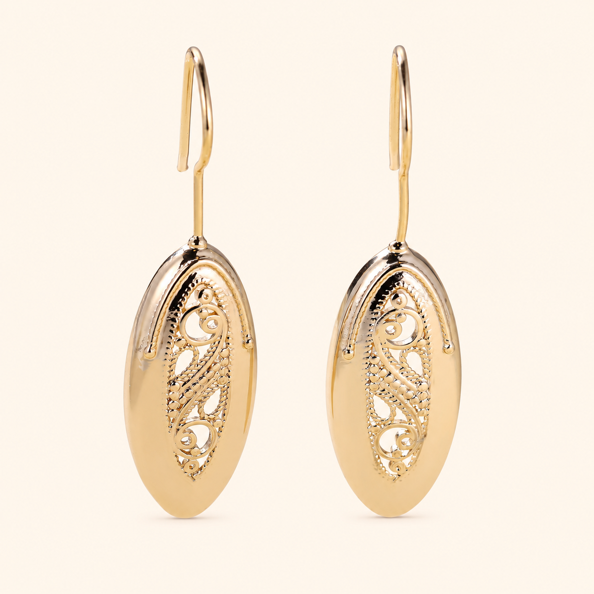 Women’s Champagne Gold Oval Drop Earrings with Openwork Scroll Detail