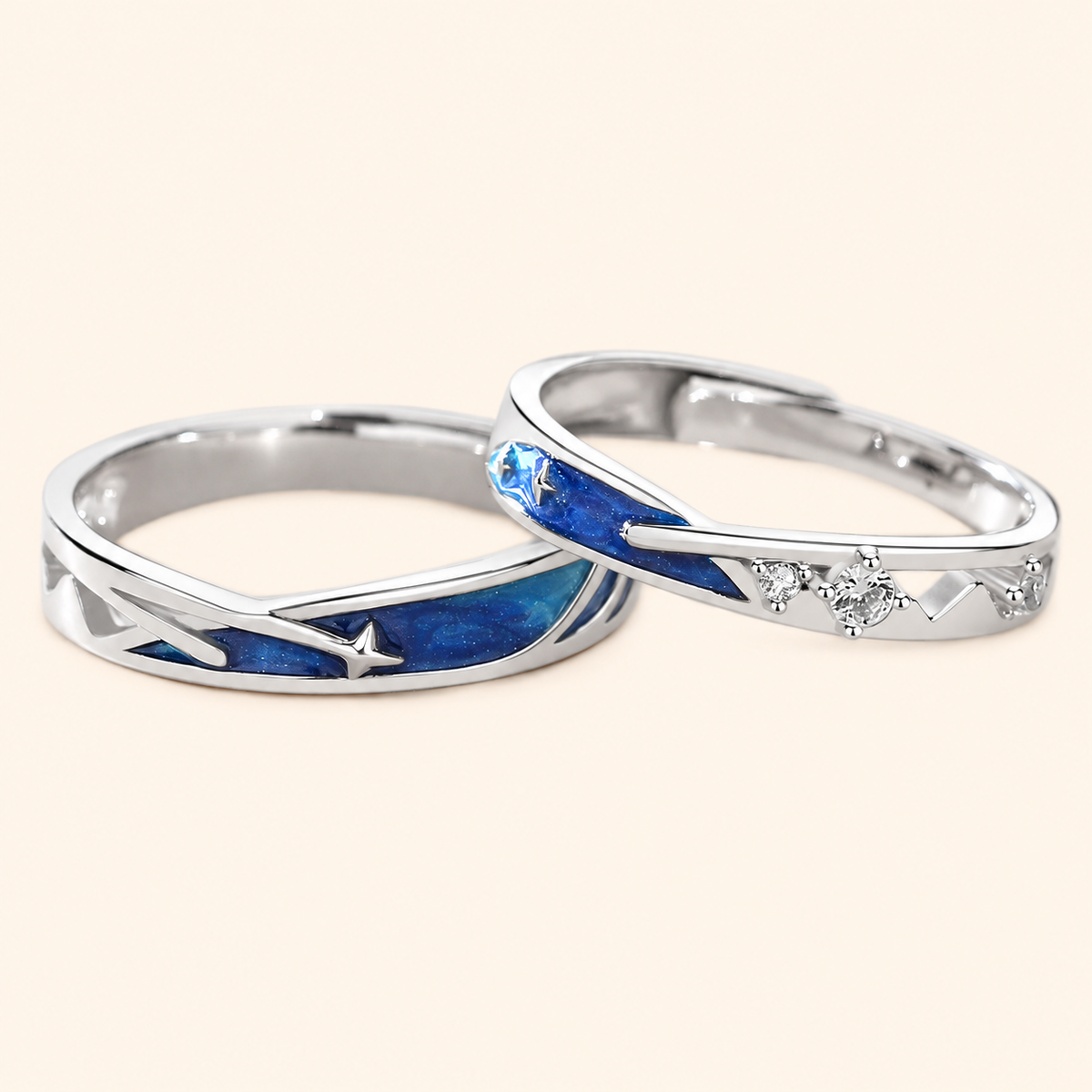 925 Sterling Silver Adjustable Couple Rings with Blue Shooting Star Design