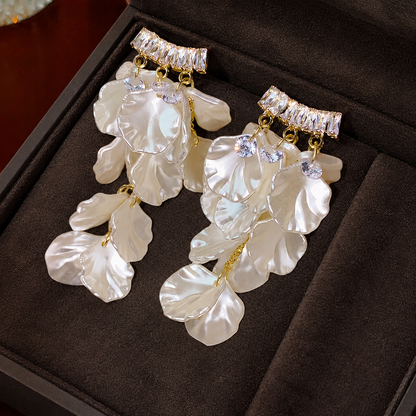 Women’s Ivory Acrylic Shell Petal Tassel Drop Earrings with Square Zirconia