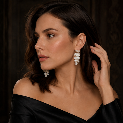 Women’s Ivory Acrylic Shell Petal Tassel Drop Earrings with Square Zirconia