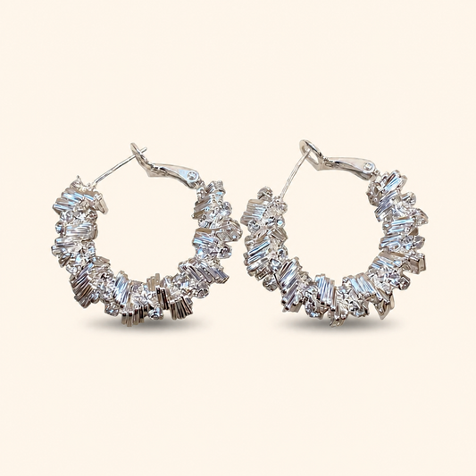 Women’s Silver Baguette Zircon Cluster Hoop Earrings