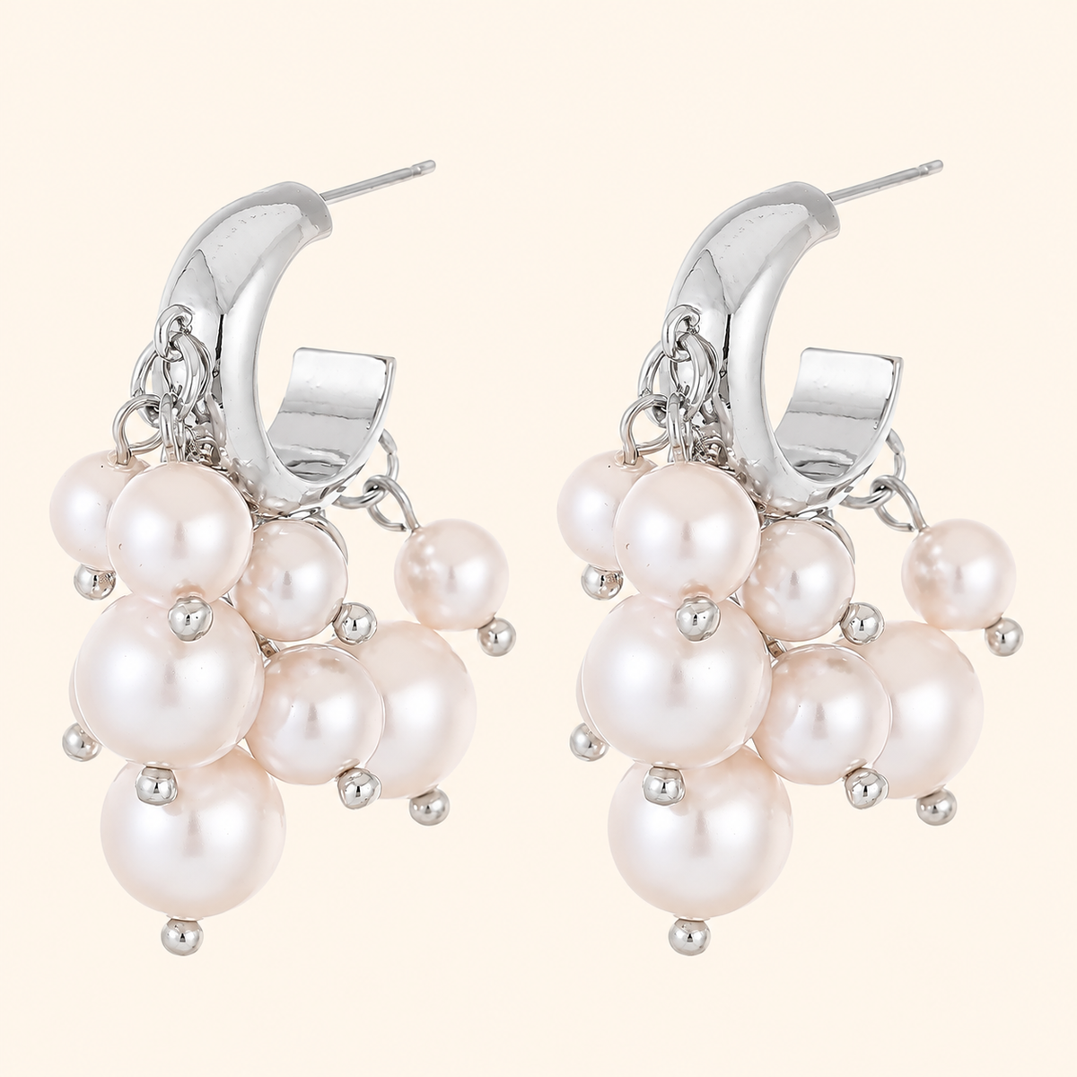 Silver-Tone Pearl Cluster Drop Hoop Earrings with S925 Sterling Silver Posts