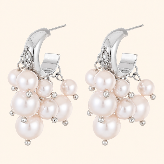 Silver-Tone Pearl Cluster Drop Hoop Earrings with S925 Sterling Silver Posts