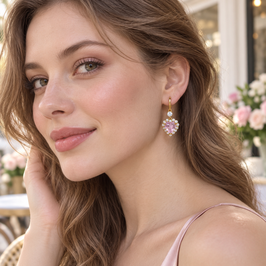 Gold-Tone Pink Heart Crystal Drop Earrings