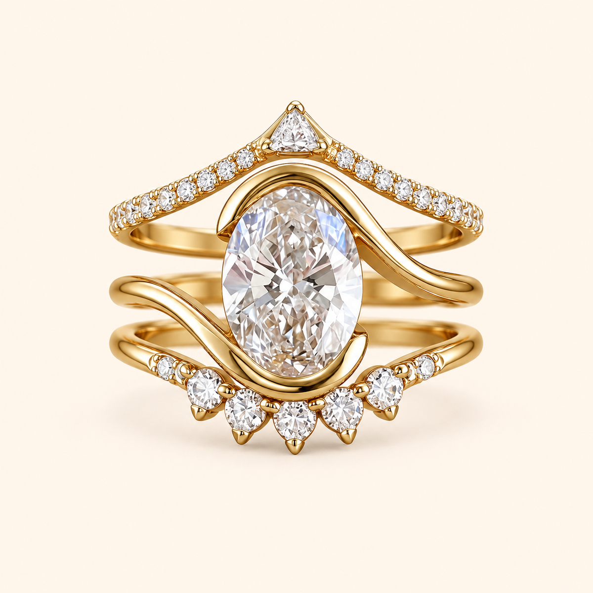 Vintage-Inspired Oval Crystal Three-Piece Stackable Ring Set