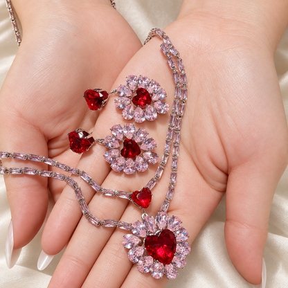 Princess-Inspired Red Heart CZ Floral Necklace & Earrings Set