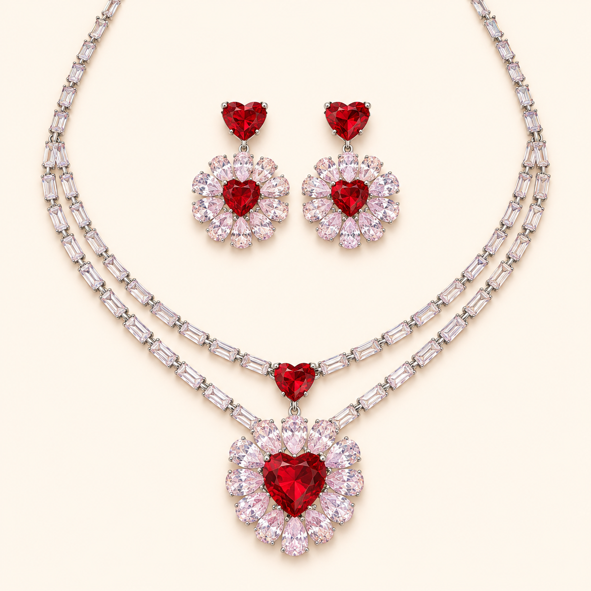 Princess-Inspired Red Heart CZ Floral Necklace & Earrings Set