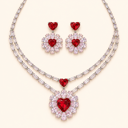 Princess-Inspired Red Heart CZ Floral Necklace & Earrings Set