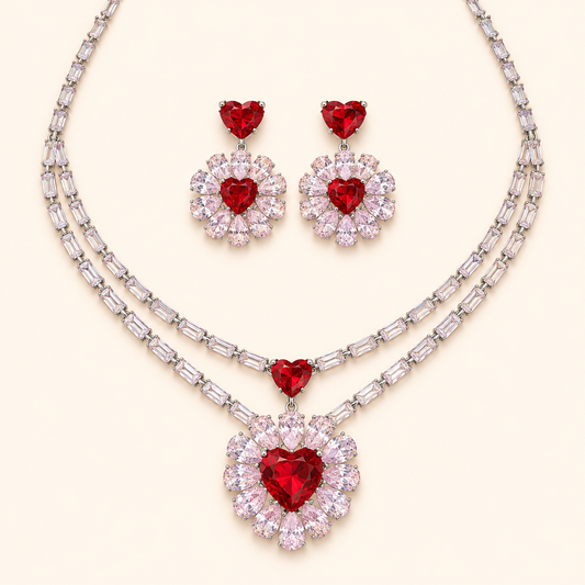 Princess-Inspired Red Heart CZ Floral Necklace & Earrings Set