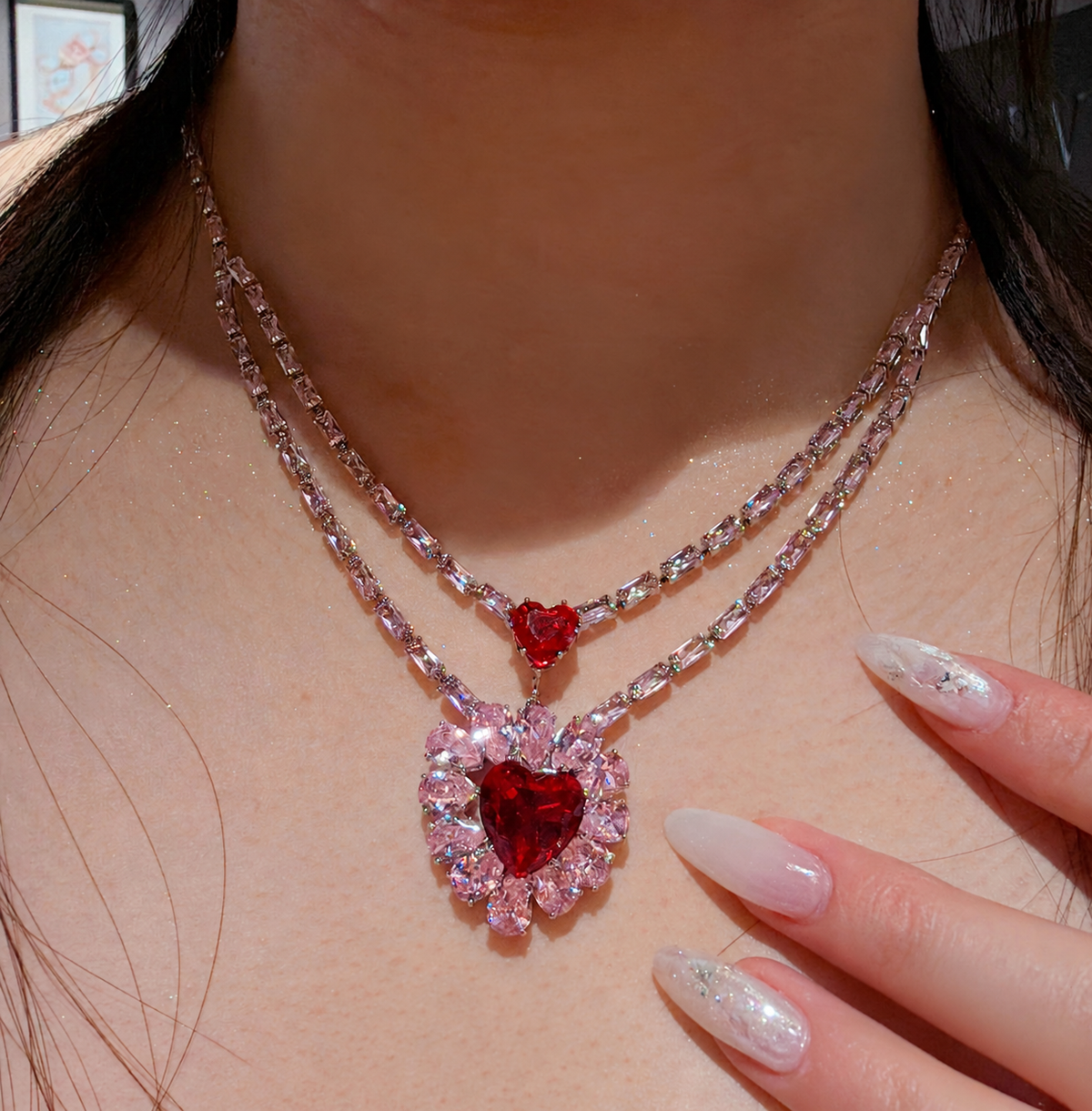 Princess-Inspired Red Heart CZ Floral Necklace & Earrings Set