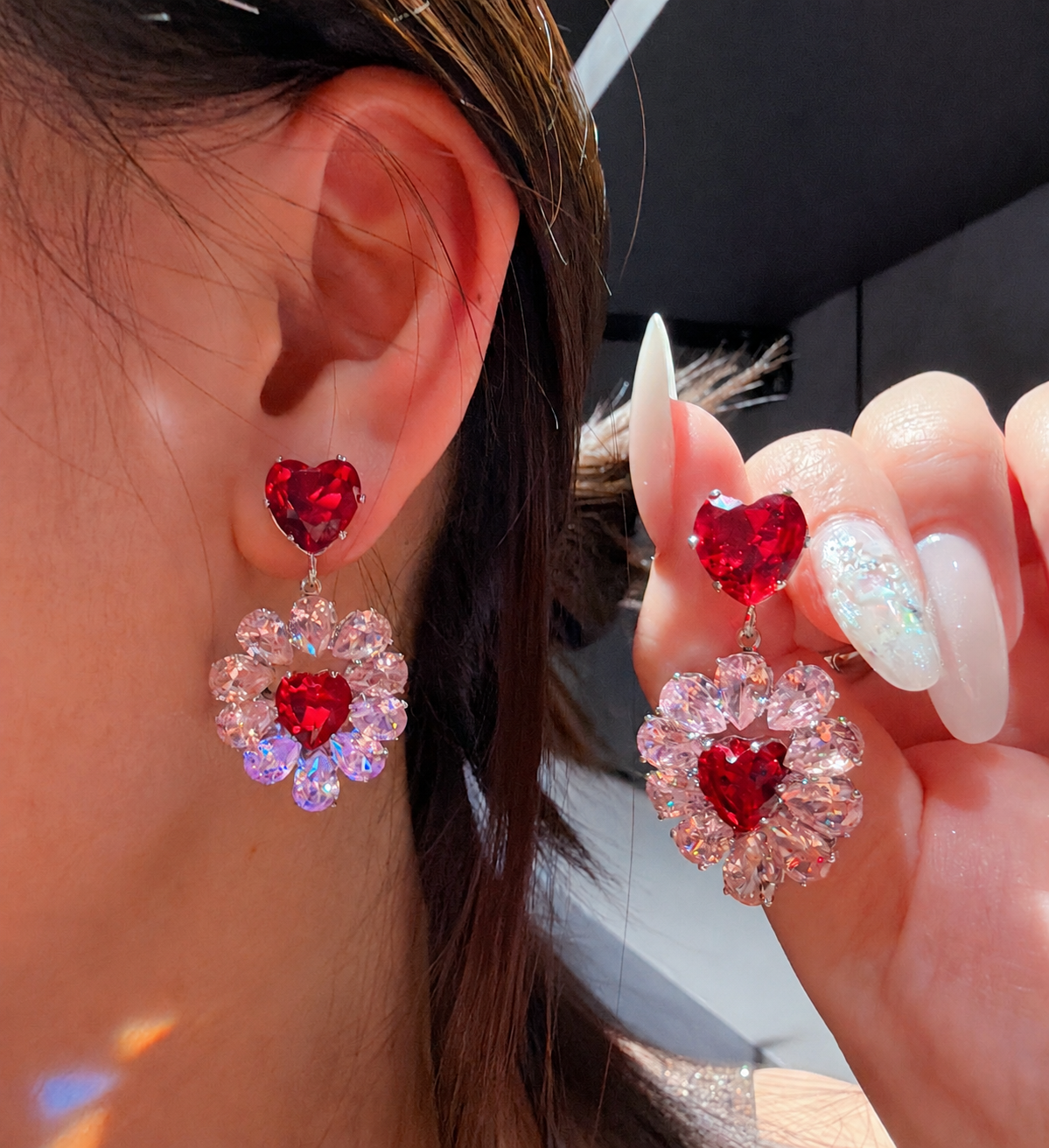 Princess-Inspired Red Heart CZ Floral Necklace & Earrings Set