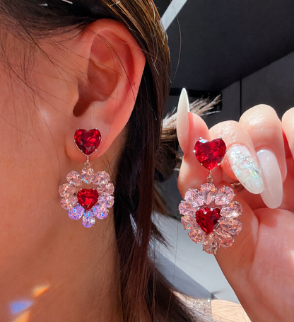 Princess-Inspired Red Heart CZ Floral Necklace & Earrings Set