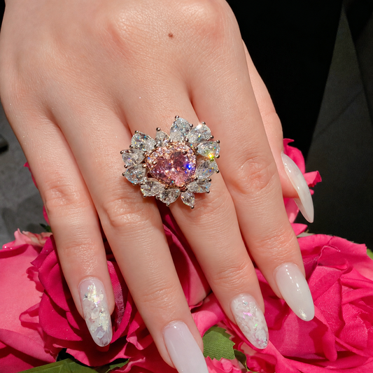 Princess-Inspired Pink Heart CZ Floral Adjustable Statement Ring