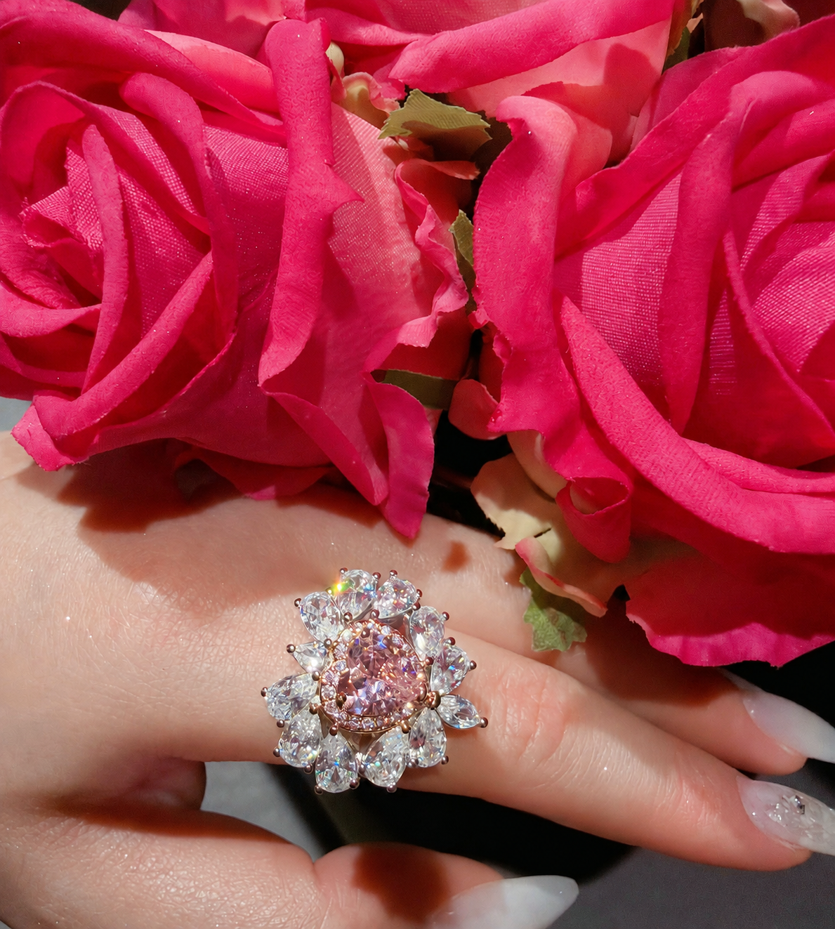 Princess-Inspired Pink Heart CZ Floral Adjustable Statement Ring