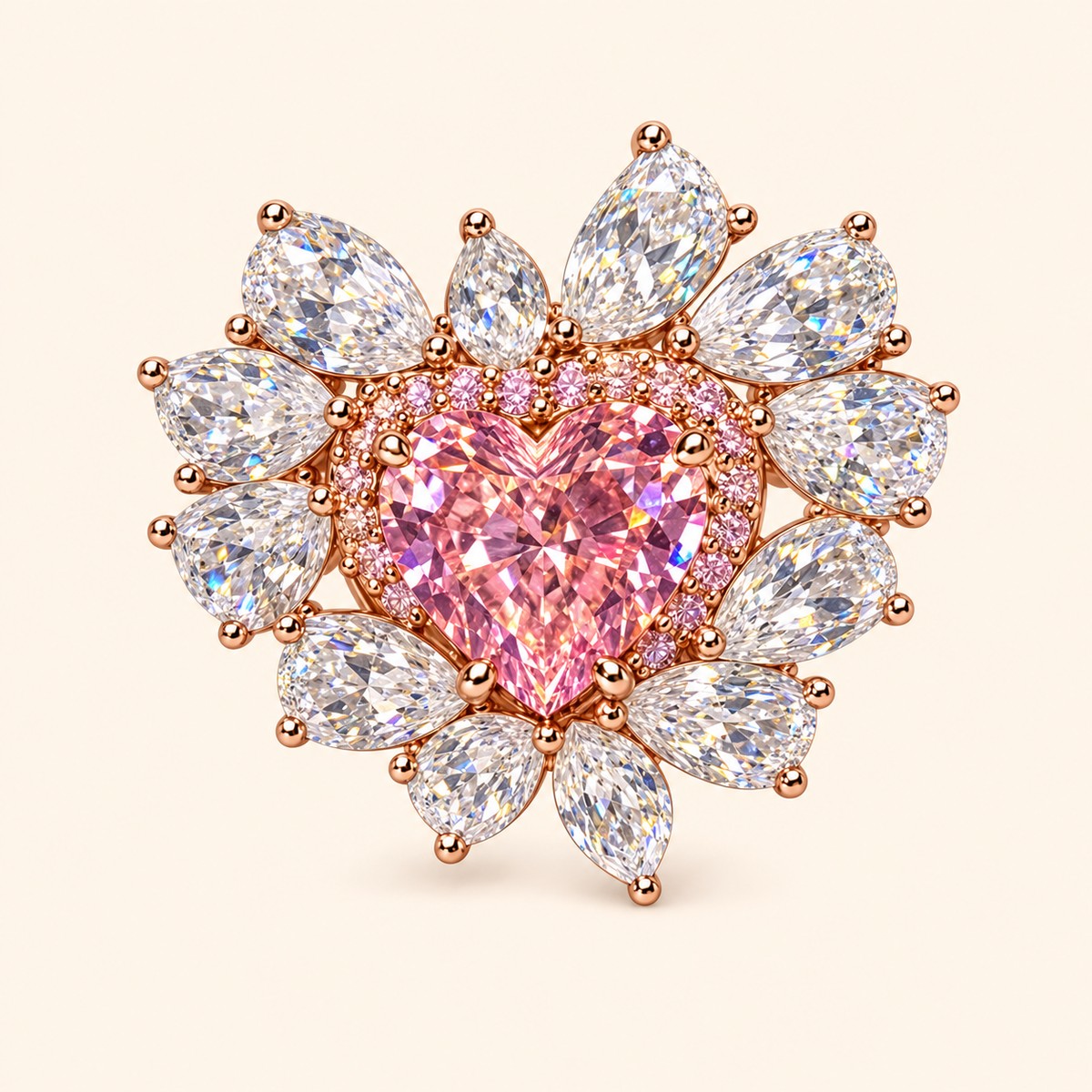 Princess-Inspired Pink Heart CZ Floral Adjustable Statement Ring