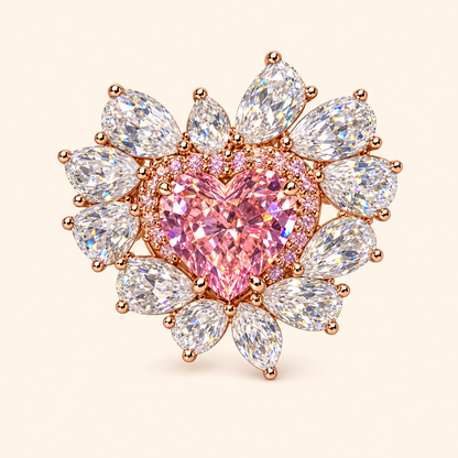 Princess-Inspired Pink Heart CZ Floral Adjustable Statement Ring