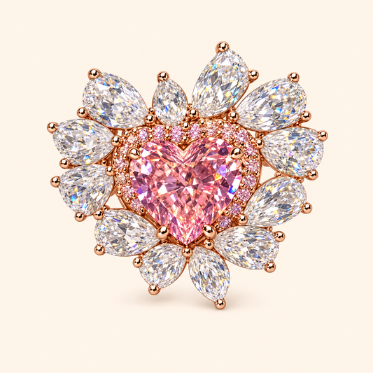 Princess-Inspired Pink Heart CZ Floral Adjustable Statement Ring