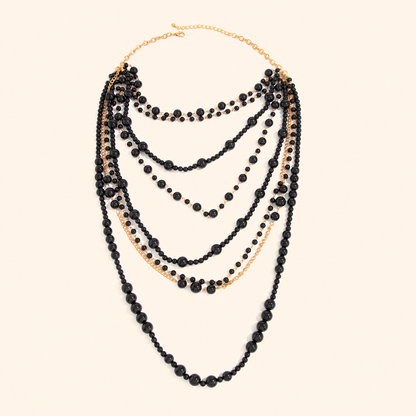 Women’s Statement Multi-Layer Faux Pearl Long Necklace with Handmade Beaded Chains