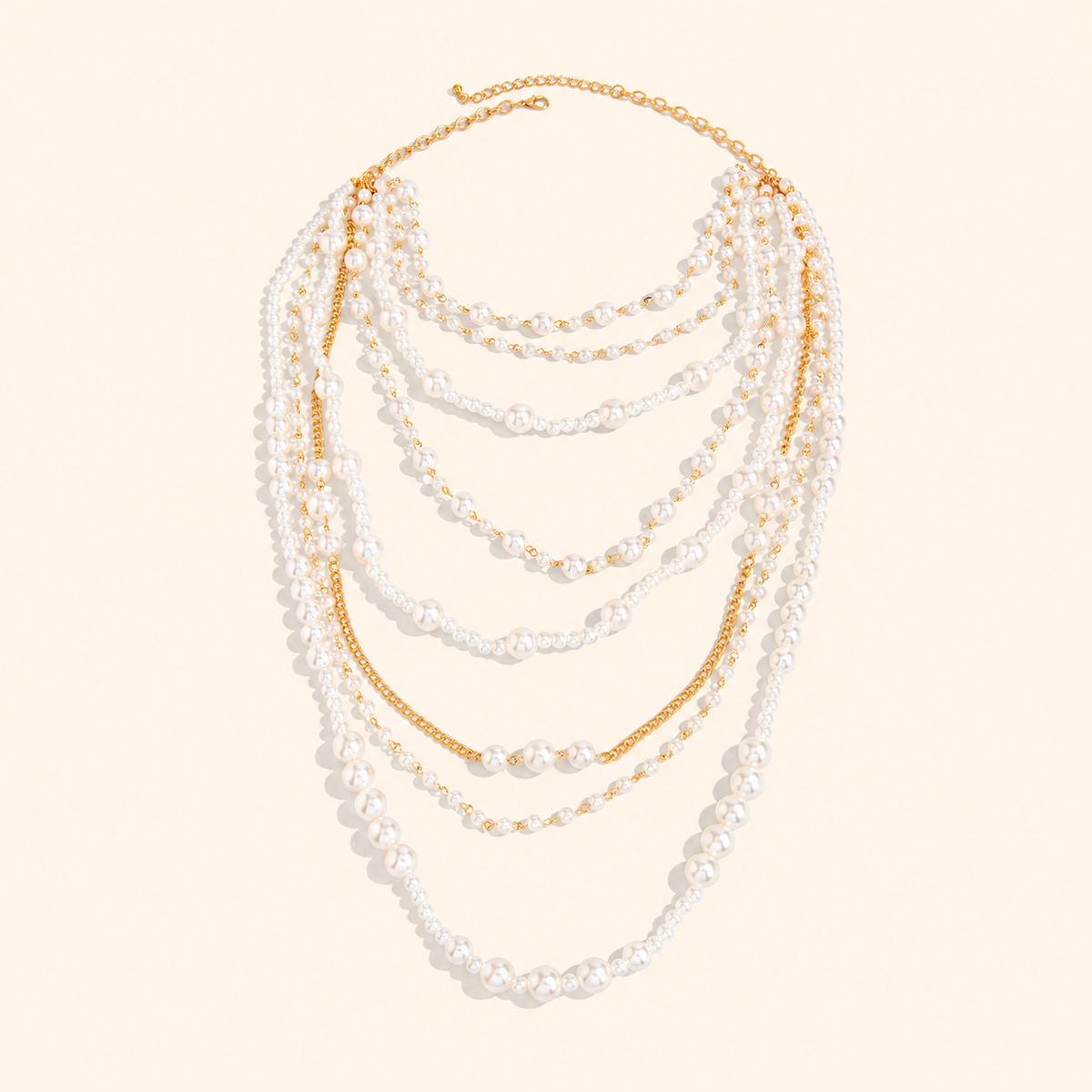Women’s Statement Multi-Layer Faux Pearl Long Necklace with Handmade Beaded Chains