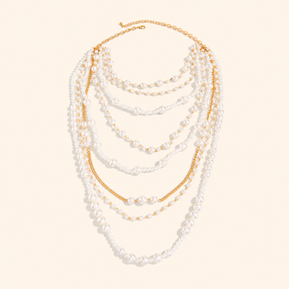 Women’s Statement Multi-Layer Faux Pearl Long Necklace with Handmade Beaded Chains