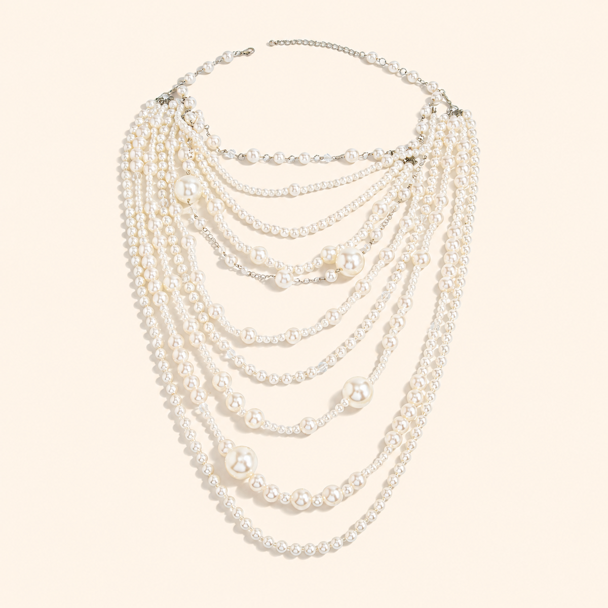 Women’s Statement Multi-Layer Faux Pearl Long Necklace with Handmade Beaded Chains