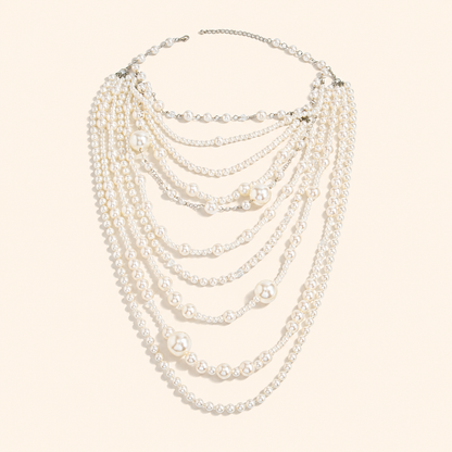 Women’s Statement Multi-Layer Faux Pearl Long Necklace with Handmade Beaded Chains