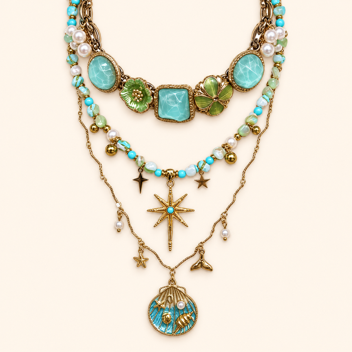 Bohemian Vintage Beaded Layered Necklace Set with Shell, Sunflower and Geometric Flower Pendants